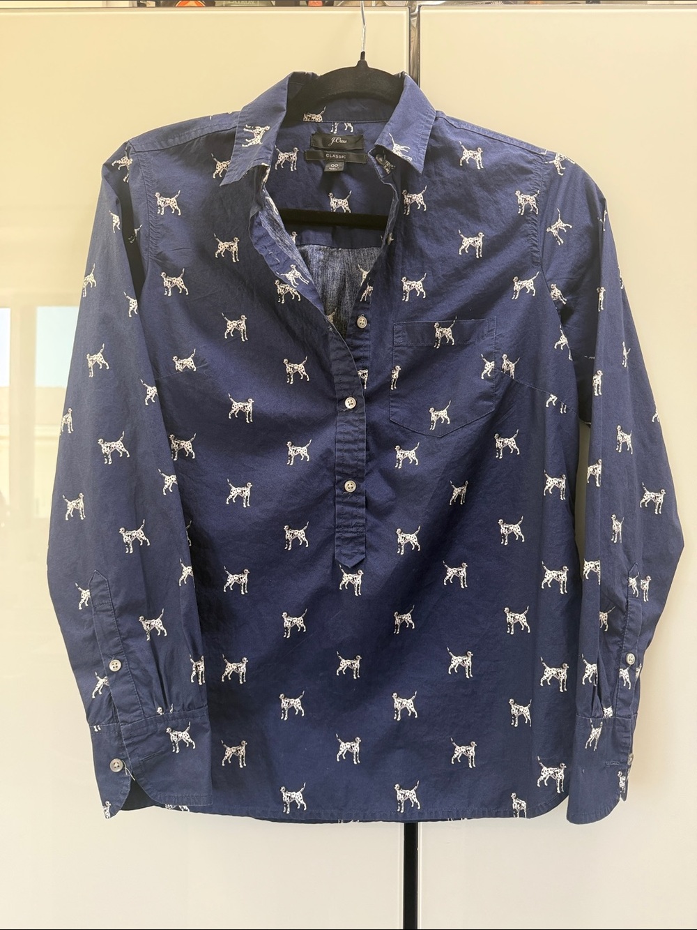 J. Crew Navy Shirt with White Dalmatian Print